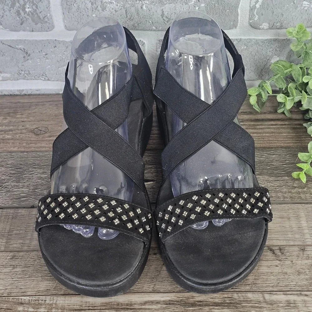 Skechers Rumblers Solar Burst Black Wedge Sandals‎ Women 10 Rhinestone Strappy